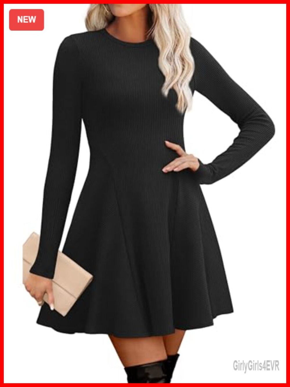 OFEEFAN Ribbed Knit Sweater Dress Long Sleeve A-Line Fit & Flare Fall